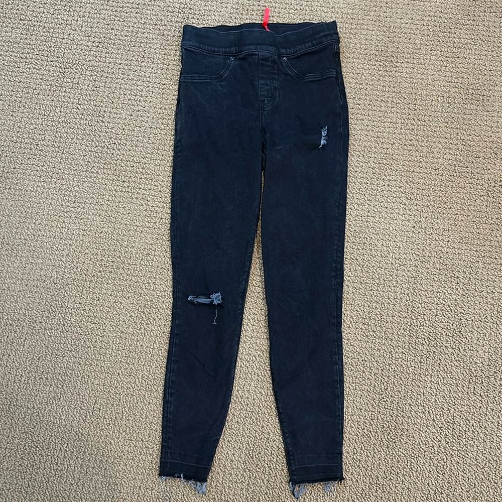 SPANX Black Distressed Denim Leggings size Small Pull On Elastic Waistband
